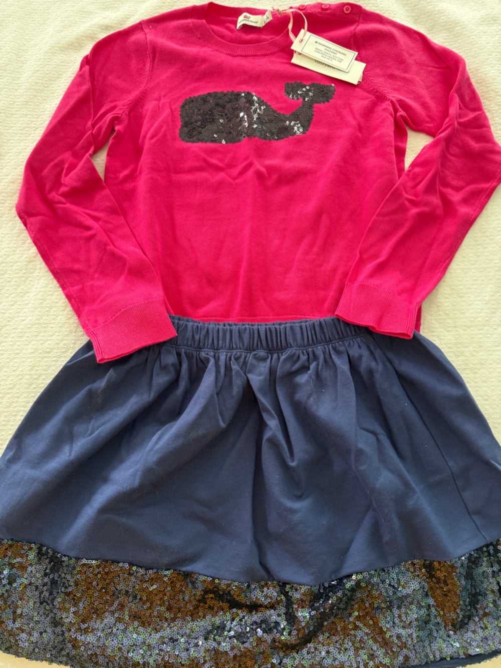 Vineyard vines L Girls' Pink Sequin Whale Sweater and sequin skirt outfit